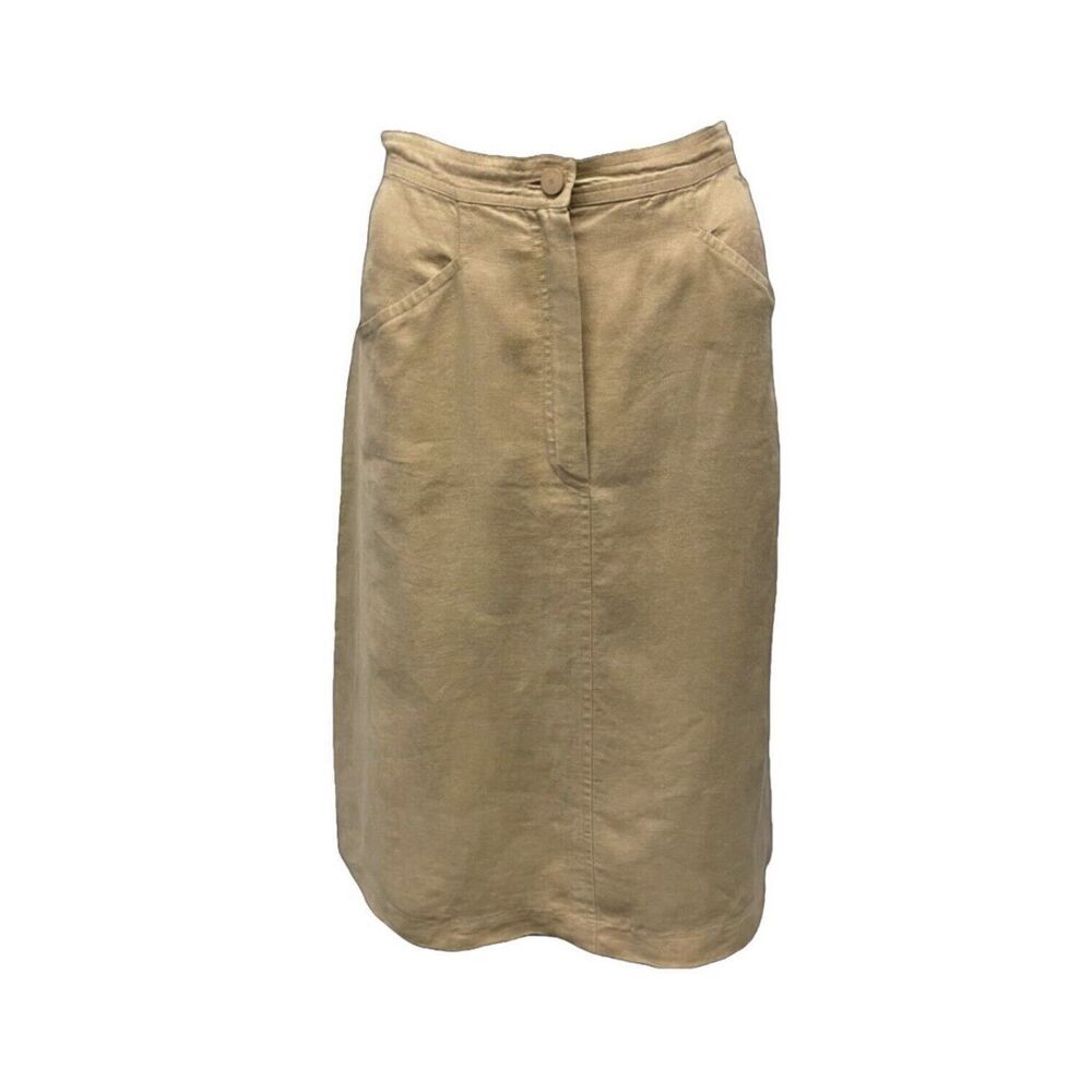 Vintage Chanel Cruise 2002 Tan Khaki Linen A-Line Midi Skirt Women’s Size FR 40